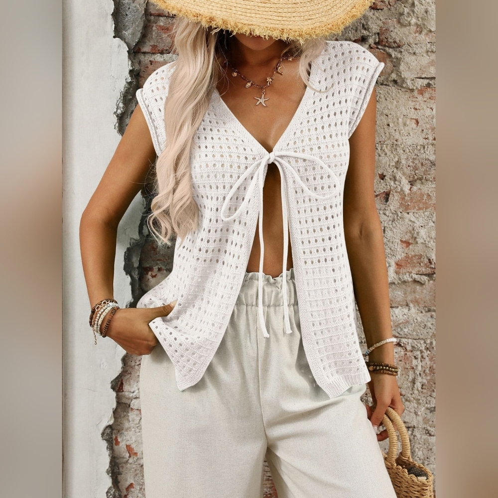 White Crochet Tie-Front Openwork Knit Top